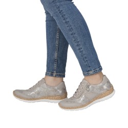 Buty damskie Rieker N4221-90 beżowe metaliczne koturna 3 cm
